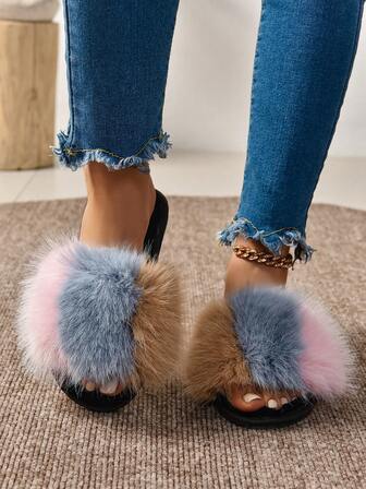 Women's Solid Color Plush Slippers, Comfortable Warm Open Toe Flat Shoes, Cozy Indoor Flat Slippers, Thermal Slippers In Long Fur European And American Style, Women's Fluffy Indoor Fur Slippers, New Arrival 2024 Autumn/Winter