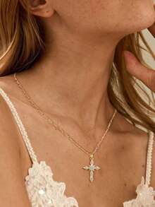 1pc Cross Necklace For Women,14K Gold Plated Cross Pendant Necklace Dainty Gold Cross Necklaces For Women Small Cross Charm Necklace Simple Cute Choker Necklaces Gold Jewery - 金色 - 查看 5