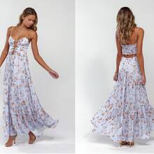 Women Summer Casual Long Dress Y2k Spaghetti Strap Bodycon Low Cut Dress V-Neck Sleeveless Solid Color Tie-Up High Backless Sexy Fashion Party Sling Maxi Dress - hoa màu xanh - Xem 8