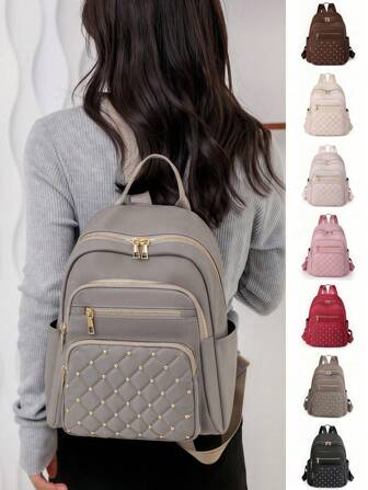 7色休闲铆钉装饰女士背包，菱形图案拉威尔收纳背包，百搭尼龙背包，轻便背包，便携，笔记本电脑隔层，容量大，适合女大学生，大学，初中，高中，户外，旅行，郊游，小学，菜鸟日常办公，情人节礼物