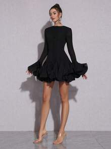 Modphy New Elegant Women's Long Button Asymmetrical Petal Patchwork Fashion Flare Sleeve Bodycon Mini Dress, Suitable For Wedding Guest, Festival, Birthday Party, Formal Evening Gala, Easter, Prom Dress - Black - View 5