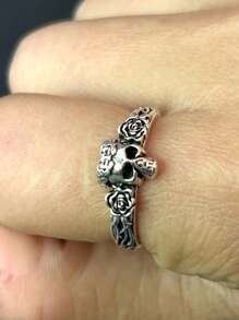 1 Stück Modischer Vintage Gothic Schwarzer Rosen- Und Totenkopf-dekor, Verstellbarer Offener Ring, Geeignet Für Den Täglichen Gebrauch/party/events, Accessoires Für Männer Und Frauen, Tolles Geschenk