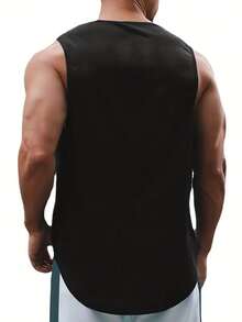1pc Men's Athletic Sleeveless Tank Top, Breathable Workout Gym Outdoor Sports Printed Tee, Summer - Black - View 4