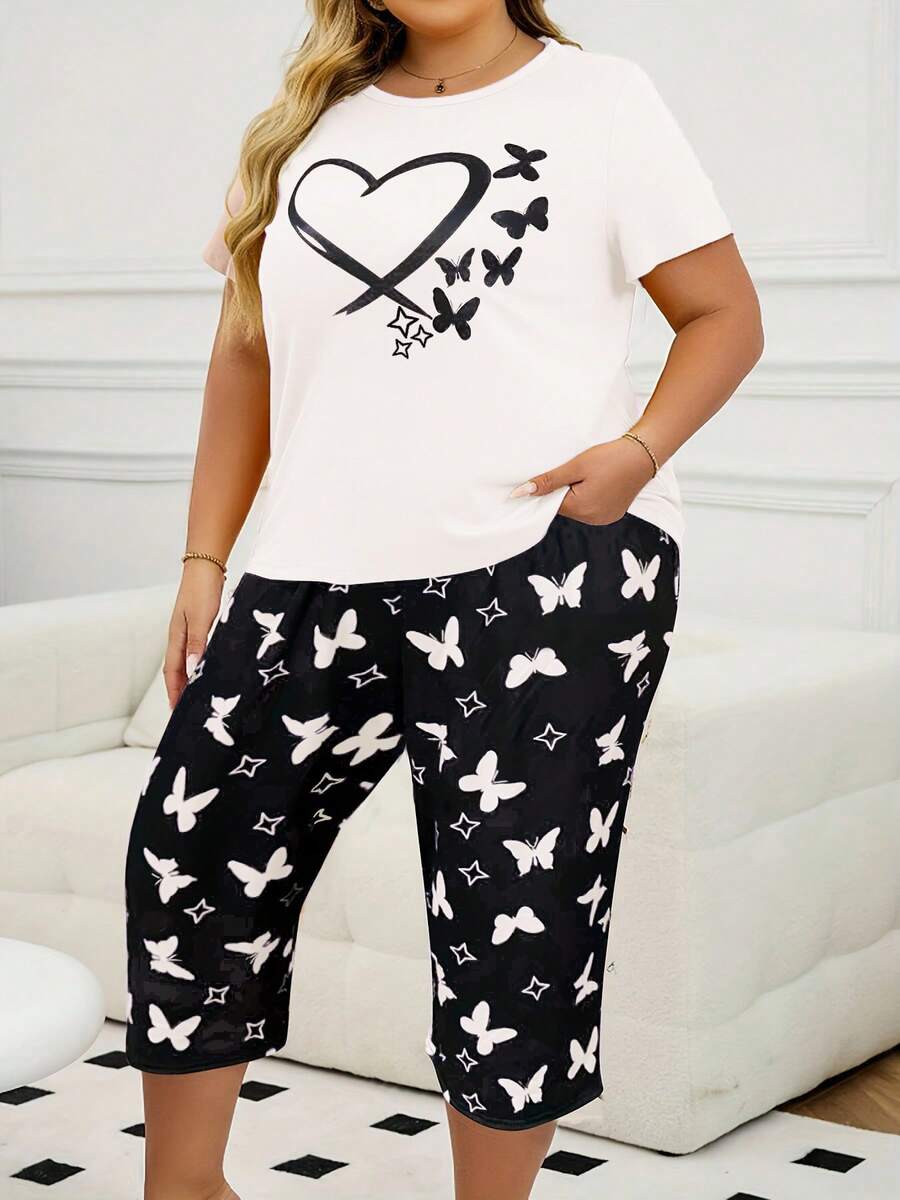 Bộ 2 chiếc/Bộ áo thun tay ngắn họa tiết bướm trái tim cỡ lớn dành cho nữ và quần Capri, đồ mặc nhà thoải mái cho mùa xuân, mùa hè, co giãn nhẹ, mọi mùa, trang phục - Đen và trắng - Xem 1