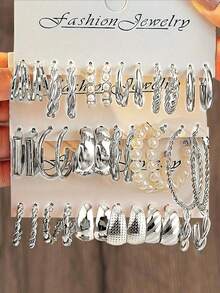 Set de 36-12 piezas de pendientes de aro con aleación y perlas falsas vintage para mujeres, estilo clásico de encaje abierto y versátil para uso diario - Dorado - Ver 7