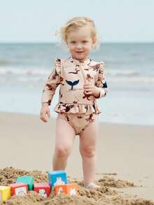 Baby Girls Rash Guard Swimsuit Rompers Long Sleeve Ocean Elements Print Toddler Ruffles Bathing Suit Swimwear - Pink - View 2