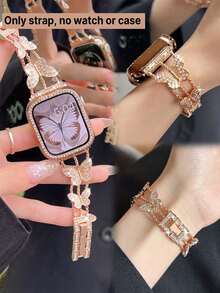 1入組手錶錶帶，2024夏季，可愛時尚蝴蝶圖案嵌有閃亮水晶鑽石，玫瑰金金屬手鏈，透氣輕盈，可調節的不銹鋼帶，男女約會、派對禮物，適用於蘋果手錶Ultra 2 1 SE Series S9/8/7/6/5/4/3/2/1，流行時尚女孩手表配件，適用於蘋果手錶38/40/41mm和42/44/45/49mm。 - 玫瑰金 - 查看 10