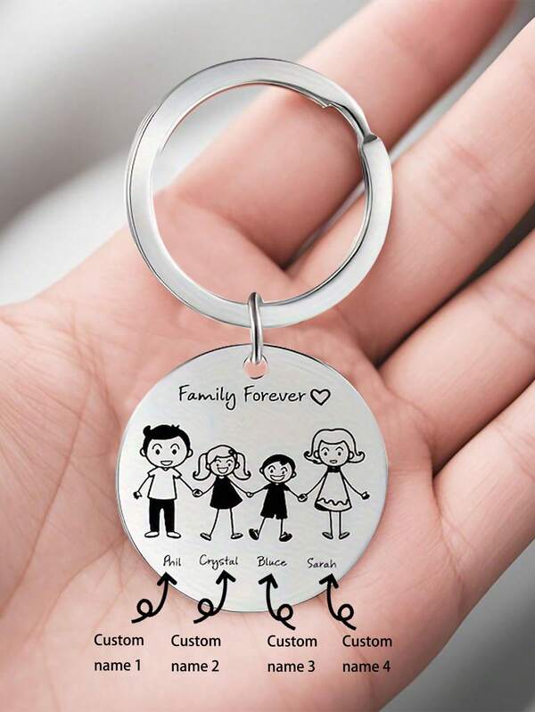 1pc Customized Stainless Steel Full Family Portrait Round Keychain, Can Engrave Family Member Names, Simple Family Holding Hands Design, Nice Gift For Parents, Anniversaries