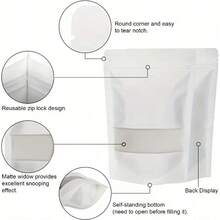100 个带半透明窗口的白色牛皮纸袋，热封可重复使用的自封袋，适用于烘焙干粮坚果谷物茶节日礼品包装，250g 500g 1000g 储物袋，适用于派对零食 - 白色 - 查看 8