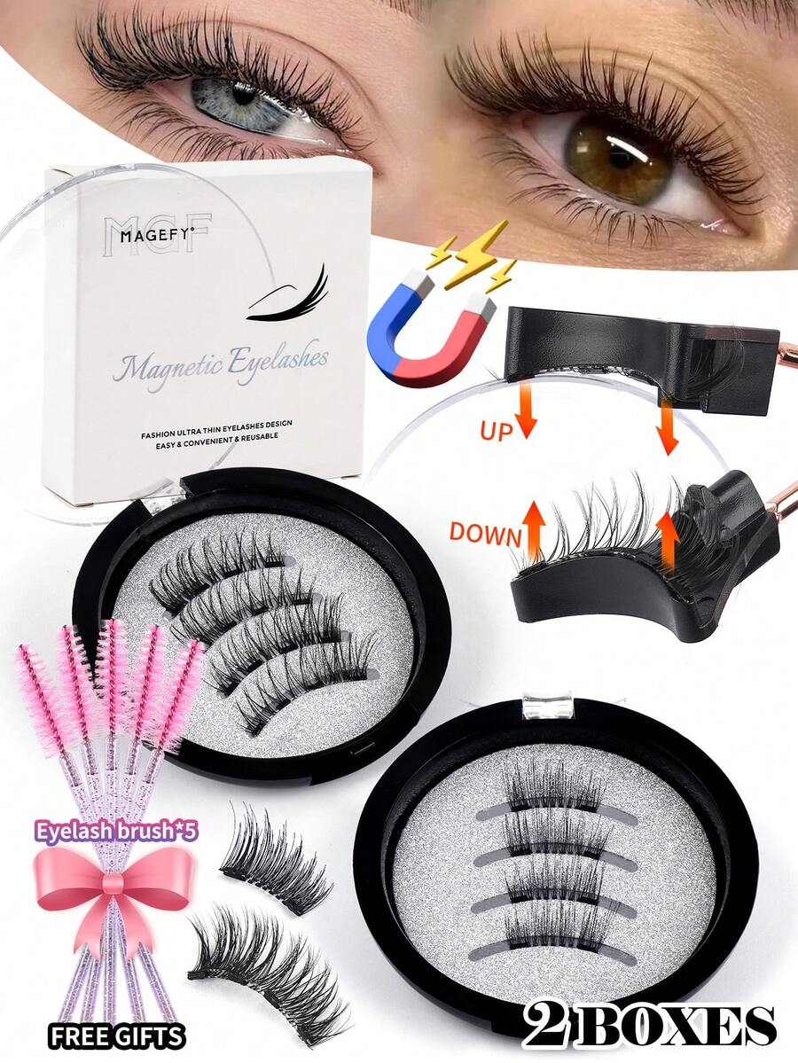 MAGEFY 2 Pairs CC Curl Magnetic Eyelash Kit With 5 Pcs Eyelash Curler+ Magnetic Clips ,1 Boxes Magnetic False Eyelashes+1 Boxes Magnetic Half Eye False Eyelashes,Glue-Free Natural Looking Reusable False Eyelashes - 自然纖長款 - 查看 1