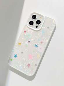 GUCADI 1 件白色贝壳图案彩色小星星 + 星星水晶装饰简约风格全身手机壳适用于 Apple 16/15/14/13/12/11 系列