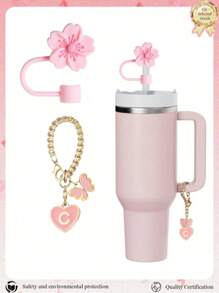2pcs/Set Accessories For 30-40oz Cups, Pink Letter Cup Marker And Silicone Fuchsia Flower Straw Lid, Silicone Anti-Slip Protective Cover, Reusable 10mm Thick Straw Lid, Cute Letter Decor Fits Modern Minimalist Glass Cups, Back To School Supplies