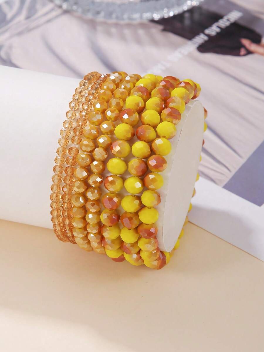 7 件套波西米亚风格多面水晶珠手链套装，百搭设计，适合女性日常佩戴（珠子数量根据长度而变化）