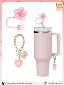 2pcs/Set Accessories For 30-40oz Cups, Pink Letter Cup Marker And Silicone Fuchsia Flower Straw Lid, Silicone Anti-Slip Protective Cover, Reusable 10mm Thick Straw Lid, Cute Letter Decor Fits Modern Minimalist Glass Cups, Back To School Supplies
