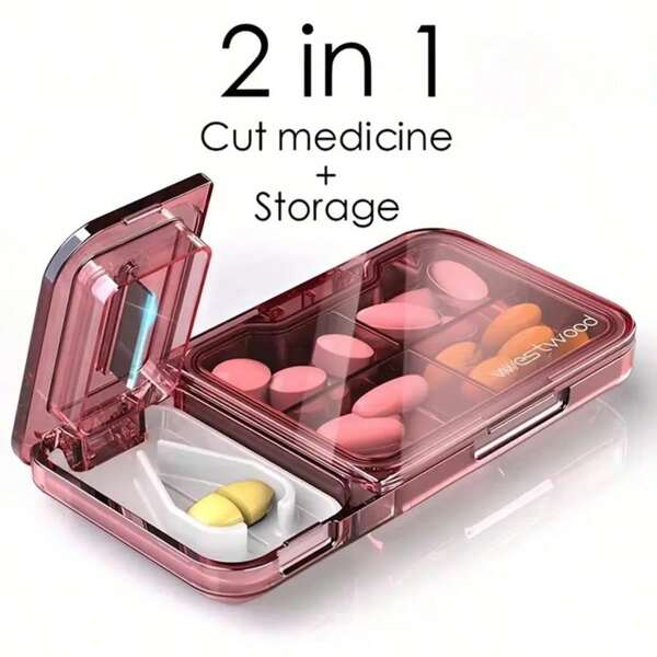 1 pieza Caja de almacenamiento de píldoras con función de cortador de píldoras, caja de medicina a prueba de humedad y pequeña, contenedor de píldoras portátil