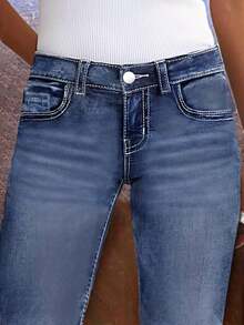 Plus Size Solid Color Washed Cat Beard Pattern Fake Flip Hole Personality Back Pocket Imitation Old Jeans Ladies High Waist Slim Version Commuter Joker Four Seasons Plus Size Jeans. - 淺色水洗藍 - 查看 2