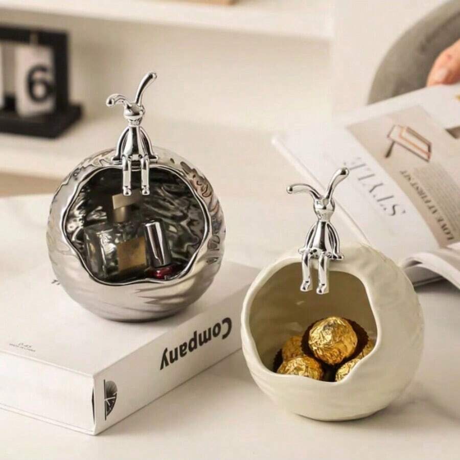 1 pieza Tazón decorativo de almacenamiento, decoración de almacenamiento de cerámica, bandeja de almacenamiento de llaves de alta gama, caja de almacenamiento de joyas para tocador moderno, suministros de almacenamiento y organización del hogar, accesorios de dormitorio, decoración de dormitorio, decoración de la habitación, decoración del hogar Regreso a clases - Multicolor - Ver 1