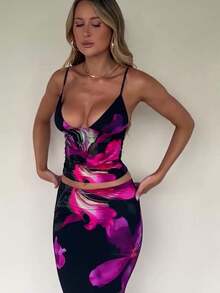 Women's Summer Maxi Skirt Set Floral Print Halter Top Long Skirt Sexy Going Out Outfits Streetwear For Women - Pink - View 3