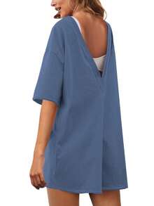 Mono de mujer casual de color sólido, estilo suelto minimalista, cuello redondo, top de manga corta, diseño transpirable sin espalda, cómodo top de mujer de bolsillos grandes, adecuado para la calle y el uso diario. - Azul - Ver 2