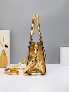 Set de bolso de lujo de mujer con acabado brillante dorado, bolso de hombro de gran capacidad con estampado de cocodrilo, bolso de mano con decoración de remaches, adecuado para uso diario y de fiesta, idea de regalo perfecta para el Día de la Madre, esencial para madres y mamás trabajadoras, bolso de moda para damas de negocios y casual, apto para la oficina y el trabajo