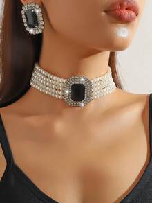 1 Pc Women's Luxury Fashion Geometric Square Fuchsia, Green, White, Black Crystal Faux Pearl Necklace & 1 Pair Matching Geometric Square Fuchsia, Green, White, Black Crystal Faux Pearl Earrings, Two Pieces Set, Suitable For Evening Gown And Daily Wear - Multi-layer Pearl Large Rectangular Crystal Two-piece Set - View 9