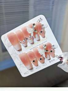 10 件手工腮红猫眼法式钻石蝴蝶白色法式假指甲按压指甲美甲用品指甲 - 藕粉色 - 查看 4