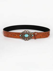 1pc Women's Vintage Casual Carved Buckle Brown Floral Embossed Waist Belt, Suitable For Everyday Wear - Flower Engraved Buckle Brown Flower Embossed - View 2