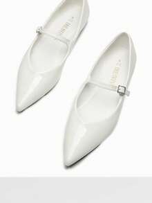 Women Fashion Flats Pointed Toe Ballet Flats Elegant Mary Jane With Buckle Strap Spring Summer Shoes - trắng - Xem 6