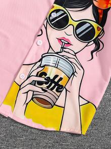 Camicia in tessuto leggero e traspirante, a maniche corte con bottoni, con grafica di ritratto cartoni animati, casual e alla moda per ragazze pre-adolescenti, adatta per l'uso estivo e all'aperto - Rosa - Visualizzare 5