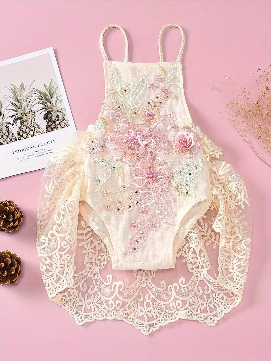 Easisim Newborn Baby Girl Outfit One Piece Lace Backless Tutu Bodysuit Romper Clothes - Màu be - Xem 1