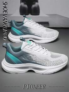 Men's Gradient Color Knitted Mesh Running Shoes, Front Lace-Up Versatile Casual Outdoor Sports Sneakers - Blue and White - View 2