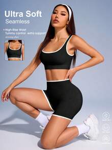 VVX Womens Workout Sets - Seamless Ribbed Yoga Outfits Sports Bra High Waist Shorts Gym Athletic - 黑色 - 查看 4