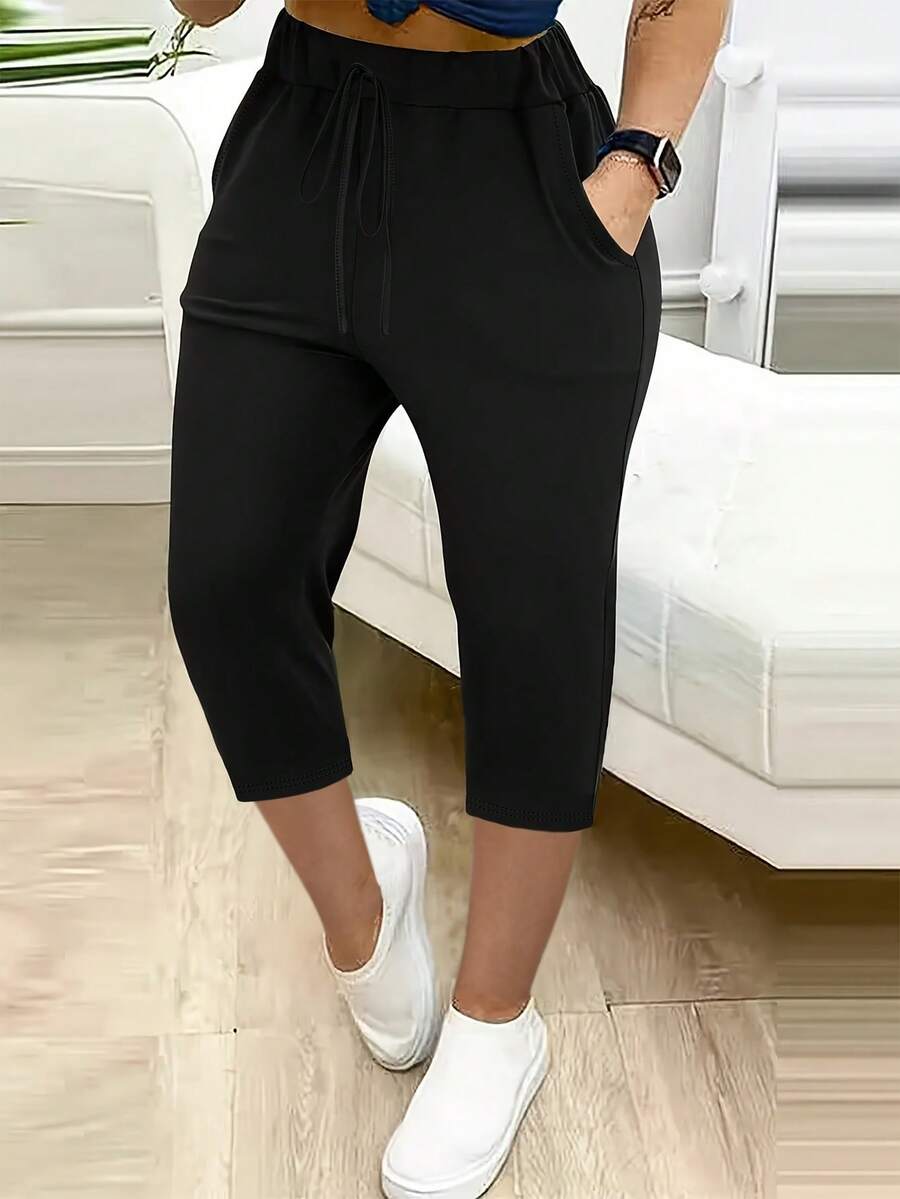HUTENER Pantalones casuales versátiles de unicolor talla grande largo 3/4 - Negro - Ver 1