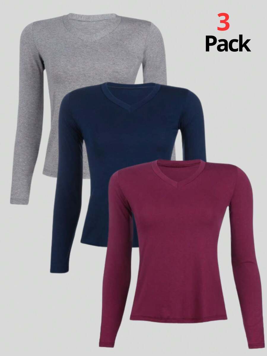 Kit 3 Women's Basic Long Sleeve V-Neck Blouses - Gray / Navy / Wine - View 1