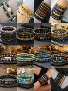 RINTOLER 1set/3pcs Boho Style Coconut Shell & Turquoise Beads Hollow Elastic Bracelet Set, Suitable For Daily Wear Or Vacation Matching