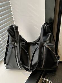 蝴蝶结装饰女士手提包，时尚韩版休闲大容量单肩包，适合旅行、散步、购物 - 黑色 - 查看 8