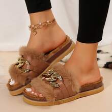 Women's Metallic Chain Sandals - Fluffy & Open Toe For Winter Wear - màu nâu - Xem 8