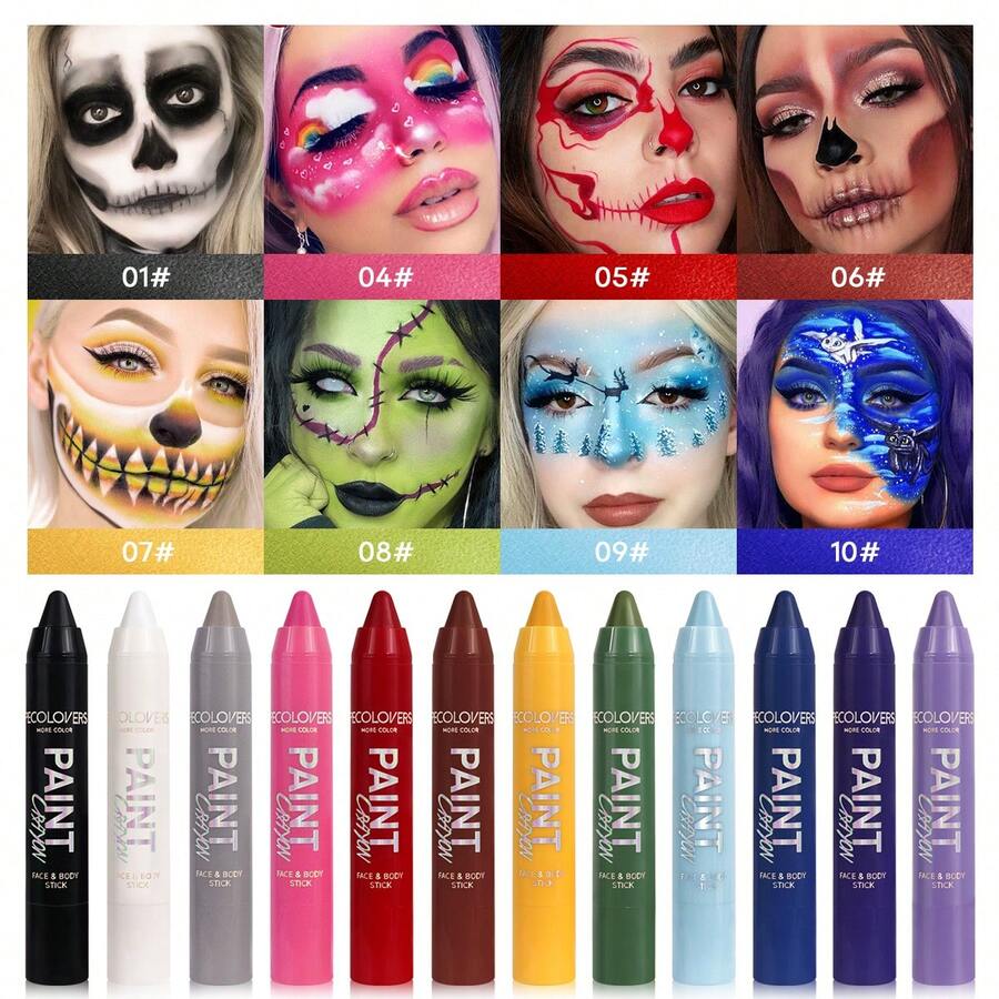 PECOLOVERS Face Paint Pen Set Rainbow Graffiti Crayon Human Face Paint Stick Makeup Long-Lasting Texture Soft Festive