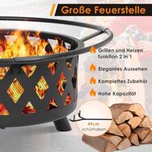 Feuerschale, Ø 76cm Feuerkorb mit Funkenschutz und Schürhaken, Feuerschalen für den Garten Groß, Feuerstelle mit Grill, BBQ Feuerstelle Outdoor, Retro-Look Fire Pit, Multifunktional Feuerkorb