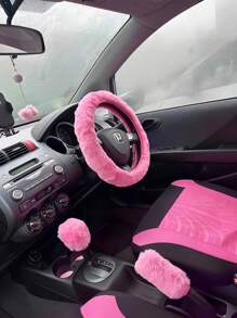 1 set accessoires d'intérieur de voiture pour femmes : housses de siège avant motif papillon mignon, couvre volant/frein à main/pommeau de vitesse en peluche, décoration suspendue de rétroviseur en peluche et strass, 1 paire de porte-gobelets en silicone, accessoires d'intérieur de voiture roses