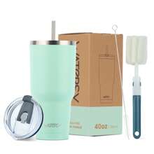 watersy 1 Stück WATERSY 20oz 40oz Thermobecher mit Deckel, doppelwandiger vakuumisolierter Edelstahltumbler, isolierter Kaffeebecher, pulverbeschichteter Thermosbecher mit Deckel, Strohhalm und Reinigungsbürste, spülmaschinenfest