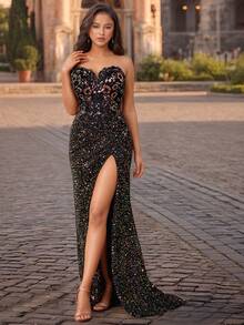 黑色闪亮蕾丝美人鱼正式晚礼服，高开叉奢华亮片舞会礼服，婚礼宾客礼服，晚礼服 - 黑色 - 查看 11