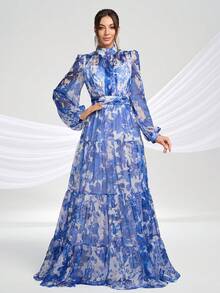 Tie Dye Chiffon Long Sleeve Women Dress Wedding Anniversary Music Festival Family Cocktail Party Vacation, Formal, Gown, For Evening, Wedding Guest Spring - 彩色 - 查看 3