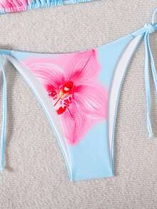Women's Floral Print Bikini Set, Tie Front Triangle Top & Tie Side Triangle Bottom, Summer Swimsuit - Baby Blue - View 3
