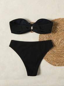 最新设计的黑色金属面料抹胸比基尼泳装，适合夏季海滩 - 黑色 - 查看 3