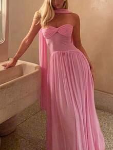 Váy lưới xoắn phía trước gợi cảm màu trơn thanh lịch dành cho nữ, thích hợp cho tiệc tùng, đám cưới, sinh nhật, vũ hội, tốt nghiệp, ngày lễ, khách, cocktail, mùa hè - Hồng - Xem 1