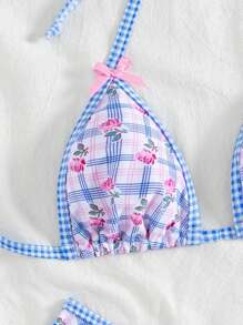 Women's Plaid & Ditsy Floral Halter Neck Bikini Set, Summer