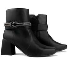 Bota Feminina Confortável Elegante Bico Quadrado Com Cano Curto e Enfeite de Strass Salto Grosso Médio 5cm Preto,Caramelo,Offwhite bota feminina cano médio - Preto - Visão 3