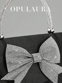 Túi cầm tay dự tiệc thời trang Âu Mỹ OpulAura bằng vải satin đen cho nữ, Túi xách dự tiệc đính nơ lấp lánh thanh lịch bằng đá pha lê, Túi đựng váy trang trọng bằng vải satin sang trọng, Túi đeo vai xích phù hợp cho tiệc, tiệc tùng, sinh nhật, đám cưới - màu đen - Xem 6