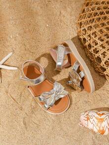 Girls' White Fashionable Sandals, Toddler Dress Shoes With Bow Tie, Versatile Open Toe Princess Shoes For Outdoor & Beach, Spring/Summer - Gold - View 3